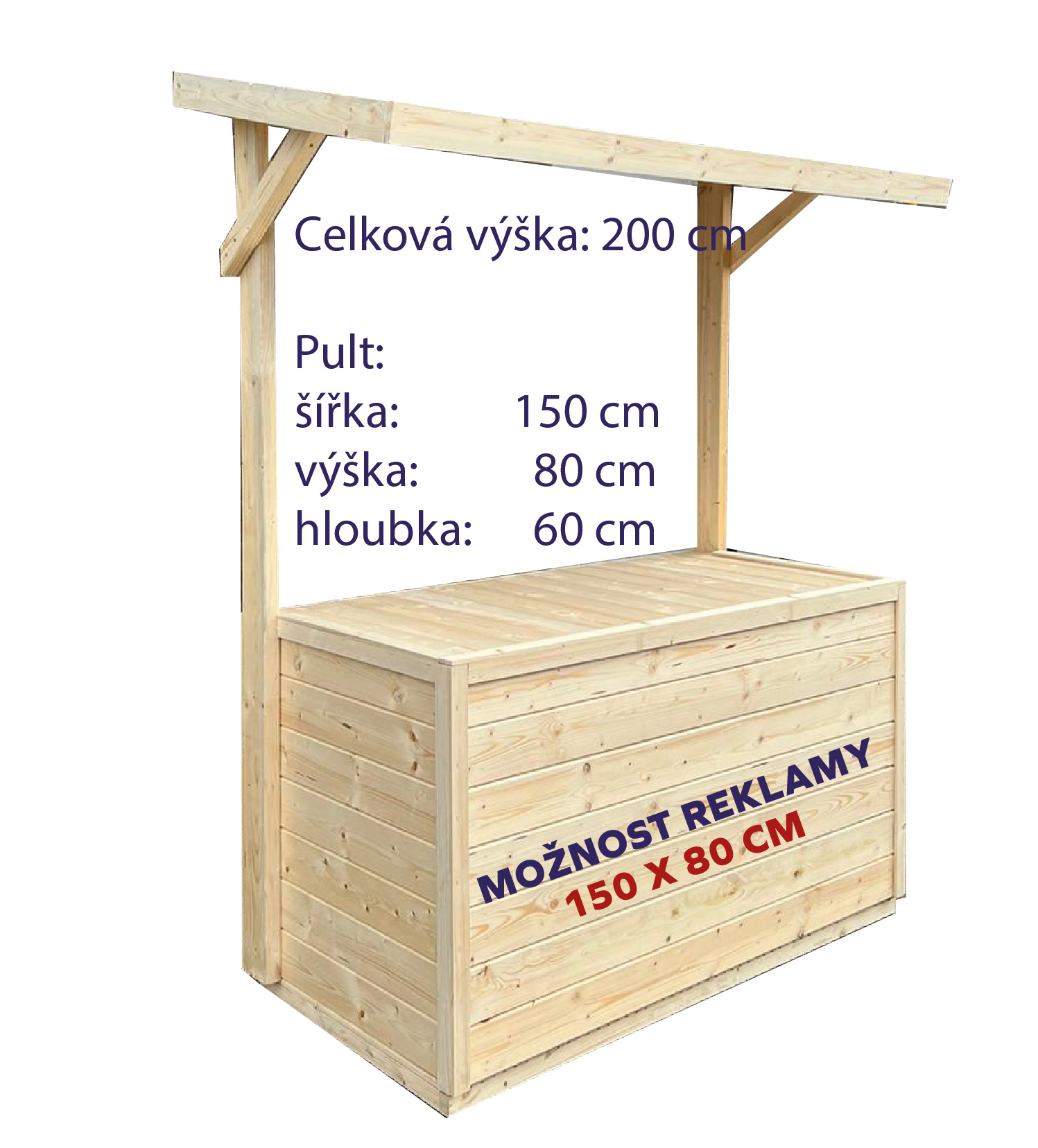 Prodejní pult dřevěný š.150xh.60 cm, v. 200 cm, 16 mm
